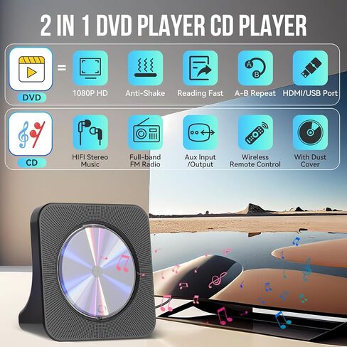 مشغل DVD من Gueray للتلفزيون ومشغل DVD/CD لسطح المكتب مجانًا في جميع المناطق للمنزل مع مكبرات صوت بلوتوث وساعة منبه وراديو FM مع مشغل أقراص مضغوطة وتشغيل بطاقة USB يتضمن جهاز التحكم عن بعد وكابل HDMI وAV in Kuwait