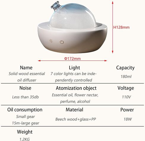 Glass Essential Oil Diffuser with Real Wood Base, 180ml Aromatherapy Diffuser with 2 Mist Modes, 7 Colors LED Light Ultrasonic Cool Mist Humidifier for Home and Office in Saudi Arabia