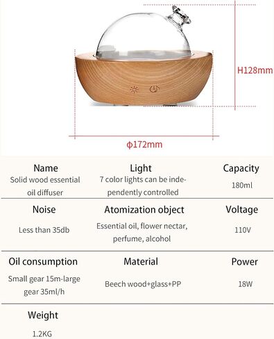 Glass Essential Oil Diffuser with Real Wood Base, 180ml Aromatherapy Diffuser with 2 Mist Modes, 7 Colors LED Light Ultrasonic Cool Mist Humidifier for Home and Office in Saudi Arabia