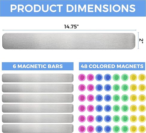 مجموعة من 6 - شرائط نشرة مغناطيسية من الحديد المقاوم للصدأ بدون إطار ذاتية اللصق، شريط معدني للمغناطيس، لوحة إعلانات مغناطيسية، شريط إعلانات مغناطيسي، 48 زرًا مغناطيسيًا قويًا وملونًا in Kuwait