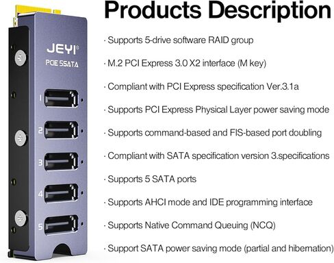 محول JEYI NVMe M.2 إلى 5 Sata، بطاقة محول داخلية 5 منافذ غير RAID SATA III 6 جيجابايت/ثانية M.2 NVMe لأجهزة الكمبيوتر المكتبية SSD وHDD in Kuwait