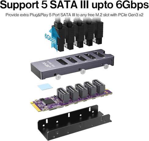 محول JEYI NVMe M.2 إلى 5 Sata، بطاقة محول داخلية 5 منافذ غير RAID SATA III 6 جيجابايت/ثانية M.2 NVMe لأجهزة الكمبيوتر المكتبية SSD وHDD in Kuwait