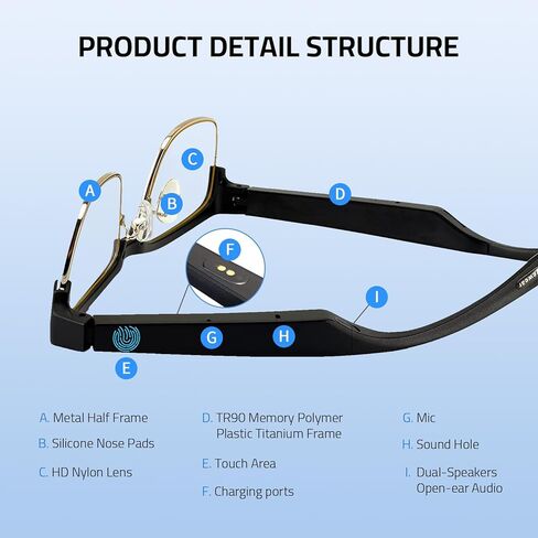 نظارات بلوتوث ذكية للرجال، نظارات صوتية زرقاء خفيفة للنساء، ميكروفون ومكبرات صوت مدمجة بصوت مفتوح للأذن، مساعد صوت بلوتوث لاسلكي IPX5 مقاوم للماء، 55 ملم، عدد 1.0 (ذهبي) in Kuwait