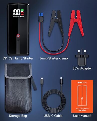 Vantrue JS1 جهاز تشغيل السيارة المحمول، حزمة معززة لبطارية السيارة بقدرة 3000 أمبير لما يصل إلى 6.0 لتر من الغاز ومحركات الديزل 3.0 لتر، وبنك طاقة 74 وات في الساعة 12 فولت مع شحن سريع 30 وات، وشاشة LCD، وإضاءة LED وUSB QC3.0 in Kuwait
