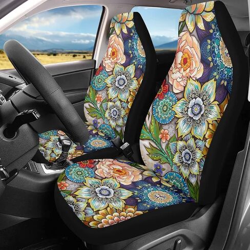 TOADDMOS Bright Blossoms Colorful Boho Floral Print Car Seat Covers for Women,Universal Auto Front Seats Protector Fits for Car,SUV Sedan,Truck in Saudi Arabia