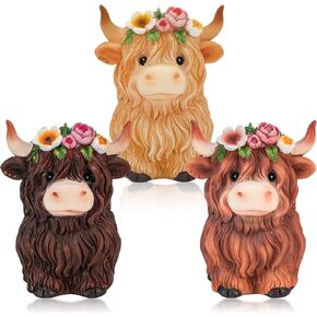 Set of 3 Highland Cow Figurines - 4.7'' Resin Spring Garden Decor - Rustic Highland Cow Decor for Home & Perfect Highland Cow Gift