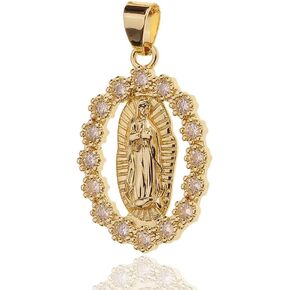 Virgin Mary Simulated Diamonds Necklace,14k Gold-Filled Round Medal Madonna Pendant Necklace