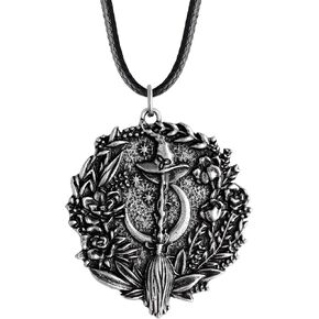 HAQUIL Witch Necklace, Vintage Witchcraft Broom Hat Crescent Moon Nature Pendant, Faux Leather Cord, Witch Jewelry Gift for Women