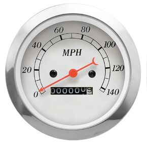 MOTOR METER RACING Classic Series 85mm 3-3/8" Mechanical Speedometer Analog Odometer 0-140 MPH White Dial Black Needle Light Bulb Illumination