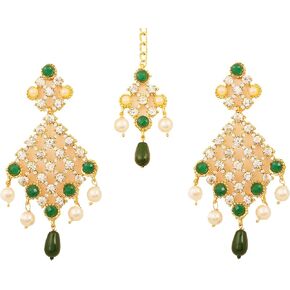 Touchstone Indian Bollywood Stylish Contemporary Designer Jewelry Wedding Earrings Mangtika Head Accessory Combo in Gold or Silver Tone for Women.