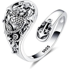 Spoon Ring 925 Sterling Silver Mermaid Ring Mermaid Jewelry Adjustable Ring Vintage Ocean Sea Jewelry Gifts for Women