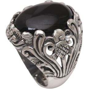 NOVICA Artisan Handmade Onyx Cocktail Ring Crafted Floral .925 Sterling Silver Black Red Indonesia Birthstone 'Night Bloom'