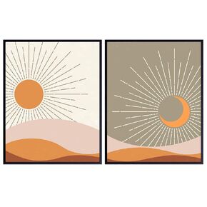 Bohemian Boho Wall Decor - Orange Retro Mid Century Modern art - Minimalist Wall Art - Sun Wall Decor, Moon Wall Decor for Living room - Gallery Wall Art, Abstract art - Celestial Aesthetic Room Decor