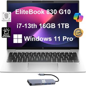 HP EliteBook 830 G10 Business Laptop (13.3" FHD+, Intel Core i7-1365U, 16GB DDR5 RAM, 512GB SSD) Long Battery Life, Backlit, Fingerprint, 5MP Webcam, 3-Yr Warranty, IST HUB, Win 11 Pro w/AI Copilot