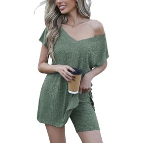Ekouaer Womens Pajamas Summer 2 Piece Sets Knit Loungewear V Neck Cap Sleeve Workout Sets Biker Shorts Tracksuit S-XXL