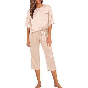 SWOMOG Womens 2 Piece Satin Pajamas Silk Short Sleeve Pjs Sets Capri Bottom Pajama Pants Loose Outfit with Pockets