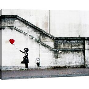 Pyradecor Banksy Grafitti Girl with Red Balloon Grey Love Pictures Paintings on Canvas Wall Art Modern Canvas Prints Artwork for Living Room Bedroom Home Decorations