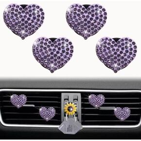 Purple Heart Air Vent Clips, 4 Pcs Bling Heart Car Air Fresheners Vents Clips Car Diffuser Diamond Car Interior Decor Cute Daisy Car Accessories Car Decoration for Women + Mask Hook