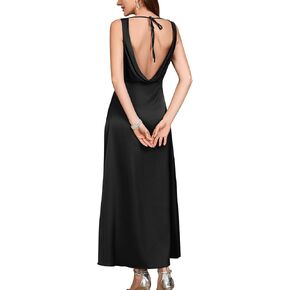 Satin V Neck Sleeveless Tie Backless Cocktail Party Maxi Dress for Women