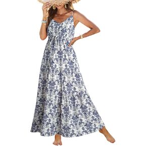 Dokotoo Summer Dress Casual Womens Boho Dress Sleeveless Printed Long Tiered Maxi Dress Beach Dress 2025