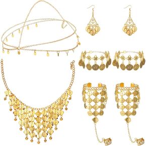 Inbagi Belly Dance Jewelry Set Women Belly Dance Gold Sequins Head Chain Coins Necklace Earrings Bracelets Bohemian Tassel Anklet Chain Hand Ring Bracelet Belly Dance Anklet Coin Veil Necklace