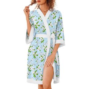 Ekouaer Robes for Women Knee Length Bathrobe Lightweight Kimono Robe 3/4 Sleeve Knit Sleepwear with Pockets
