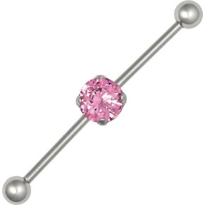Forbidden Body Jewelry industrial earrings surgical steel, 14 gauge industrial barbell, industrial barbell 38mm (1.5 Inch) Pink Solitaire CZ Crystal, 5mm Balls