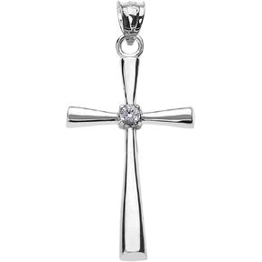 Religious Jewelry .925 Sterling Silver Diamond Accented 1-1/8" Solitaire Flared Cross Pendant Necklace (K-M Color, I3 Clarity) - Choice of Chain Length