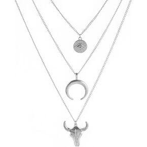 Pingyongchang Western Evil Eye Bull Head Crescent Moon Layered Necklace Boho Cowboy Cowgirl Geometric Pendant Chain Necklace Jewelry Gifts for Women Girls