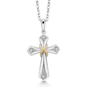 Gem Stone King 925 Silver and 10K Yellow Gold White Lab Grown Diamond Cross Pendant Necklace for Women (20X15MM, Comes with 18 Inch Chain)