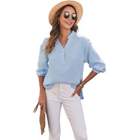 Womens Blouses Dressy Casual Oversized Shirts for Women Button V Neck Long Sleeve High Low Top