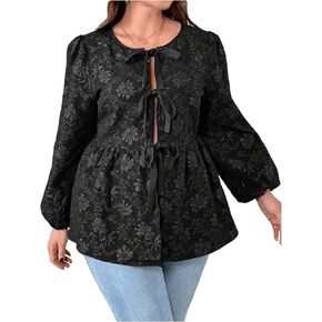 OYOANGLE Women's Plus Size Floral Jacquard Tie Front Blouses Puff Long Sleeve Crewneck Babydoll Peplum Tops