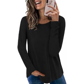 تي شيرت نسائي من HOTGIFT لخريف وشتاء 2025 تي شيرت غير رسمي بأكمام طويلة وفتحة رقبة دائرية وبلوزة فضفاضة ومريحة in Kuwait