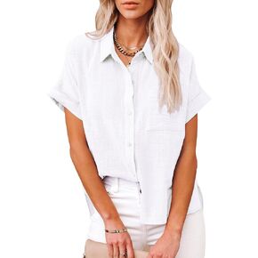 SEMARO Womens Casual Linen Button Down Shirts Solid Short Sleeve Summer Beach Blouses Tops with Pocket