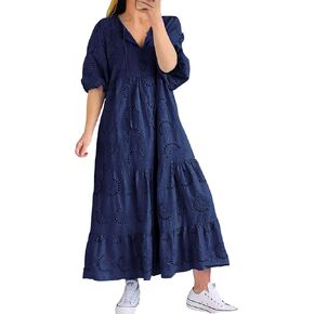 chouyatou Women's Summer Loose Floral Lace Eyelet Dress Boho Casual Notch Neck Maxi Tunic Beach Dress