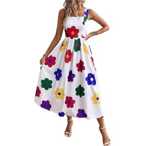 Floerns Women's Flower Print Sleeveless Sundress Square Neck Vacation Long Dress