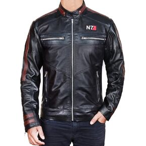 Men's N7 Cosplay Jacket Mass 3 Commander Shepard Costume Black Leather Apparel, X-Large
