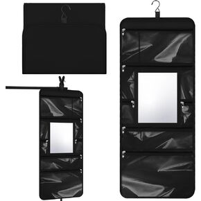 Hanging Toiletry Bag with Mirror Travel Foldable Beauty Bag Dance Bag with Mirror Backstage Cosmetic Bag Foldable Makeup Storage Organizer for Traveling Dancers Artists Home Spa (Black)