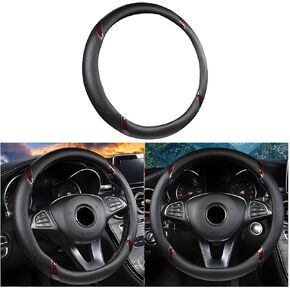 BESULEN Leather Car Steering Wheel Cover, Carbon Fiber Anti-Slip Automotive Steer Wheel Protector, Soft Breathable Vehicle Interior Decor Accessories, 15Inch Universal for SUV, Truck, RV（Black/Coffee）
