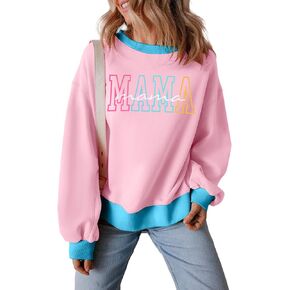 LUKYCILD Mama Sweatshirts for Women Color Block Tops Mama Letter Print Long Sleeve Shirts Cropped Crewneck Pullover Top