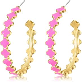 Clover Hoop Earrings for Women Gold Plated Dainty Pink Black Four Leaf Clover Open Huggies Hoops Earrings Lucky Clover Jewelry Accessories Best Lucky Gifts for Her