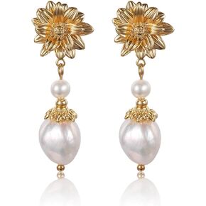 Yanser Pearl Earrings for Women,18k Plated Hypoallergenic Gold Hoop Earrings，Personalized Crystal/Tigers-Eye/AAA + Quality Pearls Drop Earrings