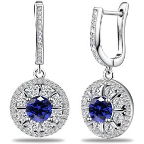 Dangle Hoop Earrings with Blue CZ Charm Sterling Silver Huggie Earrings Round Cut Halo Drop Dangle Earrings Fashion Hypoallergenic Dangling Earrings Gifts for Birthday Wedding Christmas