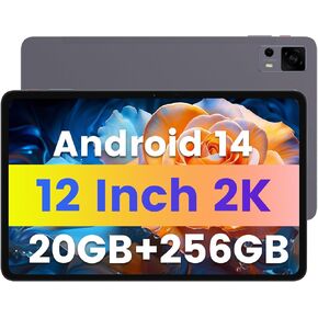 Azeyou 12 Inch Android 14 Tablet, 256GB ROM (Expandable to 1TB), Unisoc T616 CPU, 8000mAh Battery, 18W PD Fast Charging, 4 Speakers, 5G WiFi + 4G LTE, Dual 13MP + 5MP Cameras,GPS