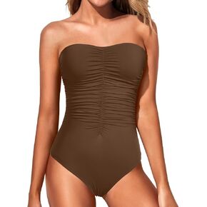 Holipick Women Strapless One Piece Swimsuits Tummy Control Bandeau Bathing Suits Slimming Ruched Swimwear