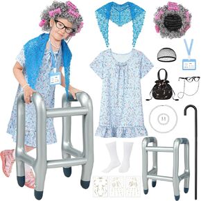SOMSOC 13 Pcs Old Lady Costume for Kids Girls 100th Day of School Grandma Costume Granny Dress with Shawl Wig for Cosplay