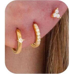 Gold Earrings for Women Trendy 3Pairs Gold Hoop Earrings 14K Gold Plated Huggie Hoop 925 Sterling Silver Post Earrings for Women Dainty Gold Dangle Chunky Small Hoop Stud Earrings Cartilage Earring Stacks Gold Jewelry for Women Gifts