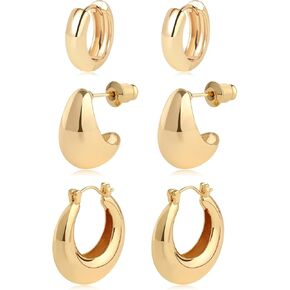 Gold Hoop Earrings Set 14k Gold Plated Huggie Earrings Hypoallergenic Chunky Twisted Thick Jewelry for Multiple Piercing Christmas Gift for Women (Style 3020)