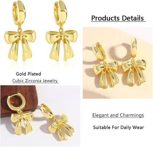 Gold Bow Drop Earrings For Women Cubic Zirconia Bowknot Dangle Earrings Statement Party Jewelry in Kuwait