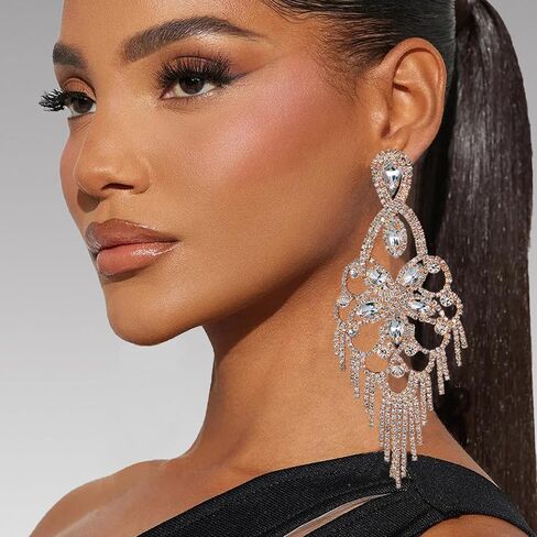 Costume Silver Chandelier Earrings for Women Dangling Trendy Bling Large Rhinestone Earrings Formal Jewelry in Saudi Arabia